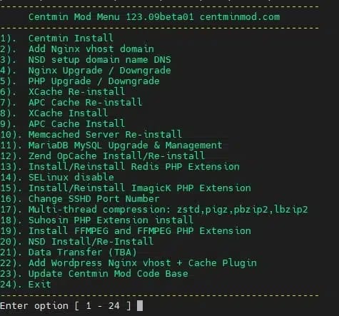 Menu Centmin MOD