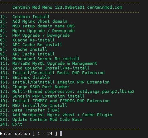 Menu Centmin MOD