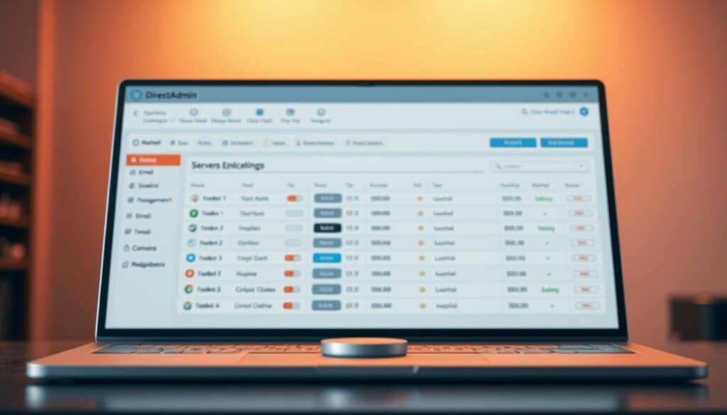 A high-resolution, detailed rendering of the DirectAdmin control panel interface, captured in a warm, professional lighting setup. The foreground showcases the main control panel dashboard, with clearly labeled sections for server management, email, domains, and other essential functions. The middle ground includes subtle 3D elements, such as toggles, buttons, and data visualizations, creating a sense of depth and interactivity. The background features a subtle, blurred gradient, complementing the clean, modern aesthetic of the DirectAdmin platform. The overall composition conveys the power and versatility of this web-based server administration tool.